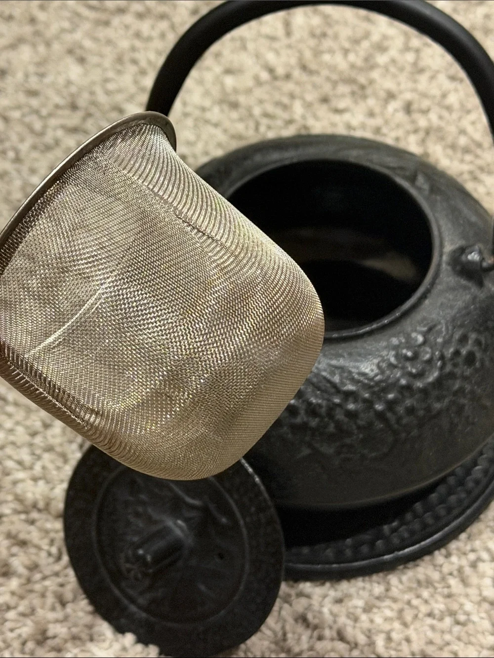 Small Cast Iron Black Teapot with Handle and Trivet and mesh insert